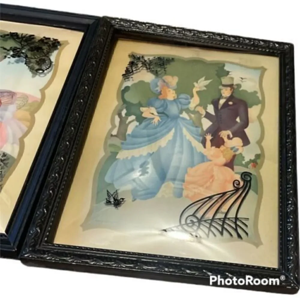 Vintage 1942 Victorian Silhouette Convex Glass Wood Frame S.Colef 3 Pieces